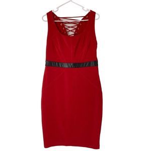 Bisou Bisou Red Sleeveless Lace-Up Sheath Dress with Black Waistband